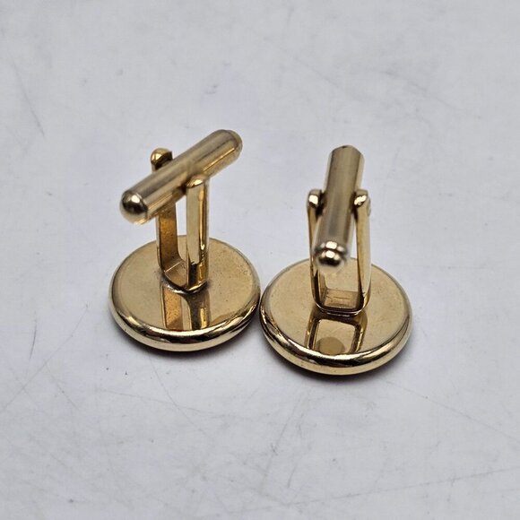 Gold Tone Cufflinks With Red Enamel Round Design Mid Century - Picture 3 of 4